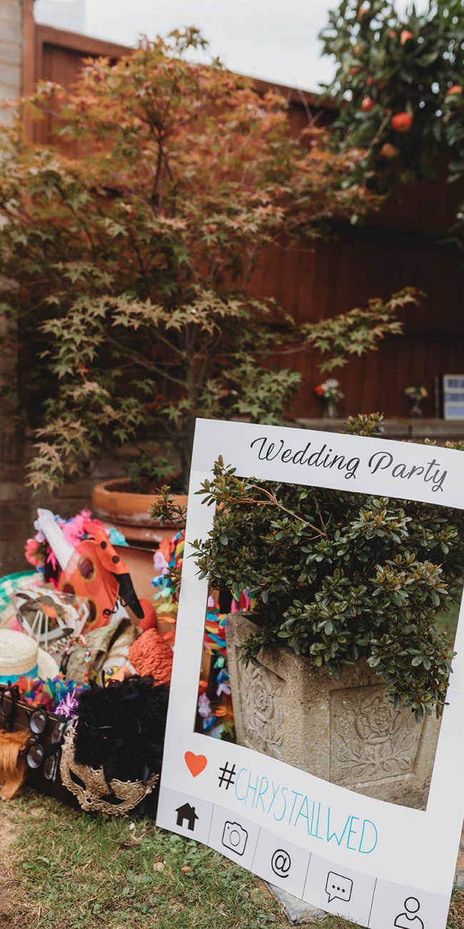 DIY photo booth props set up in the garden