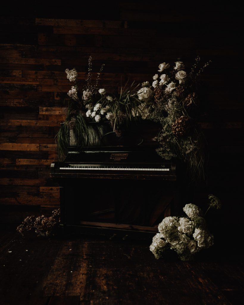 A wedding table scape of earthy tones and muted hues for an industrial micro wedding