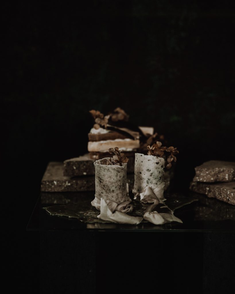 Wedding cake and dessert table that looks like art rather than a traditional wedding cake