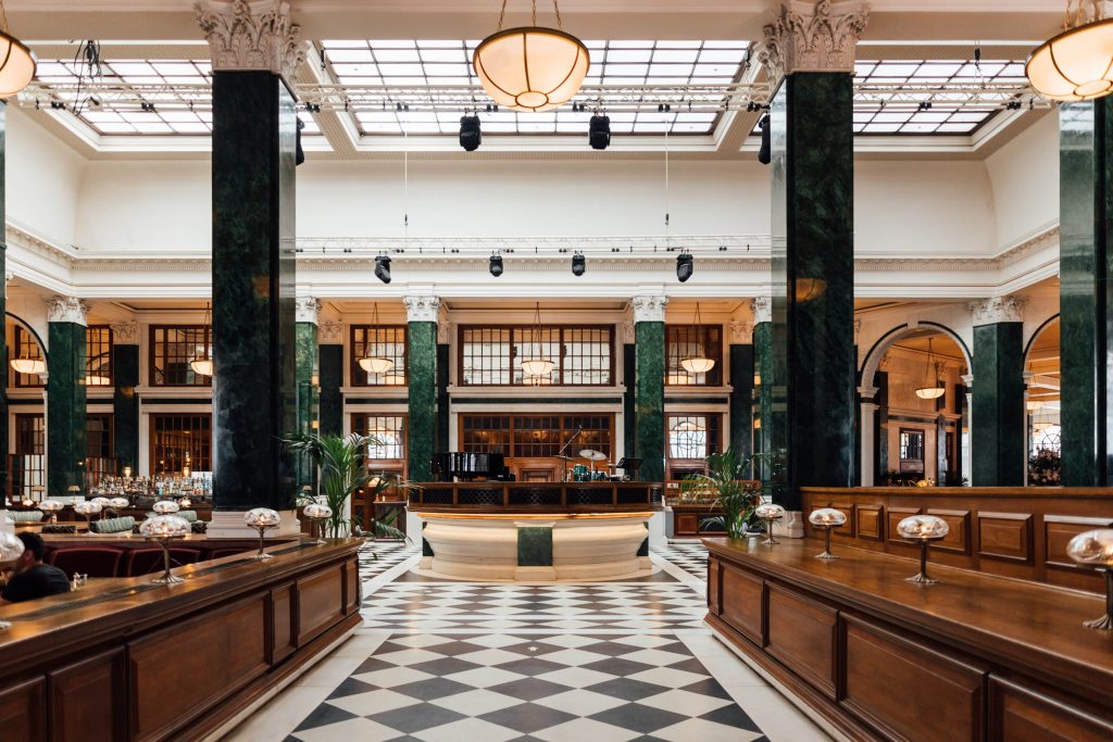 Interior of The Ned in London, a hotel venue with 1920's style decor