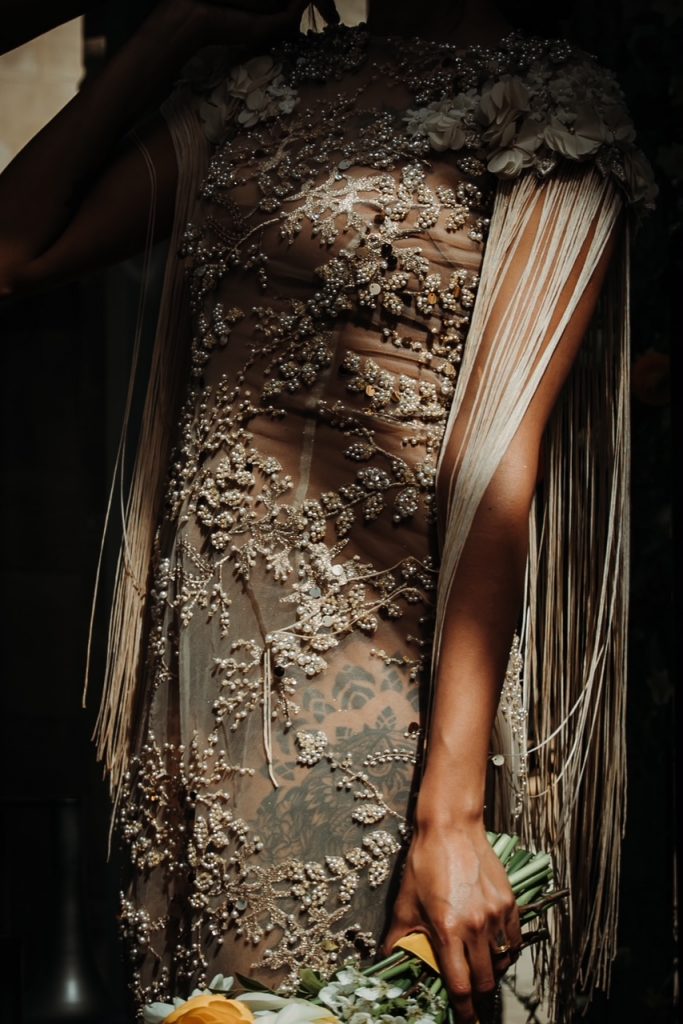 Hand embellished wedding dress for contemporary fashion forward bride
