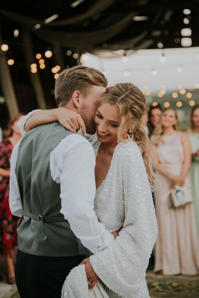 First dance for summer wedding couple with ASOS sparkly wedding outfit