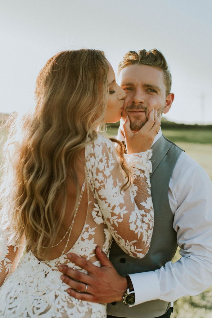 Golden hour newly married couple portrait for summer festival wedding couple