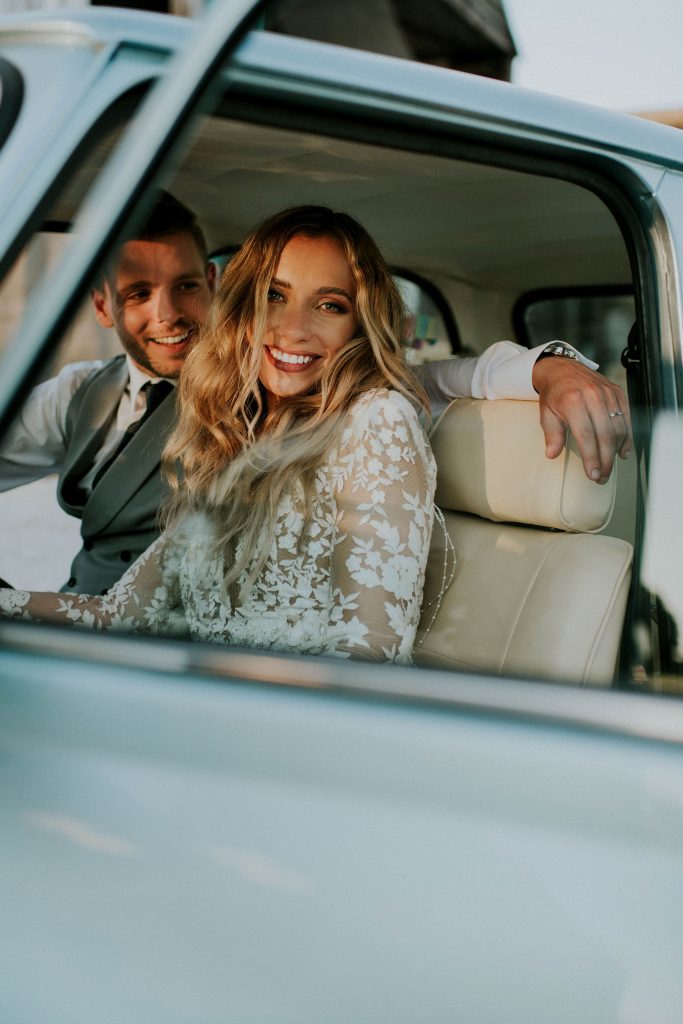 Newly married couple portrait for summer festival couple