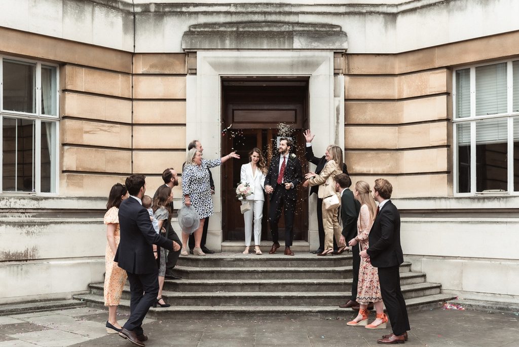 Confetti shot for intimate micro wedding city couple