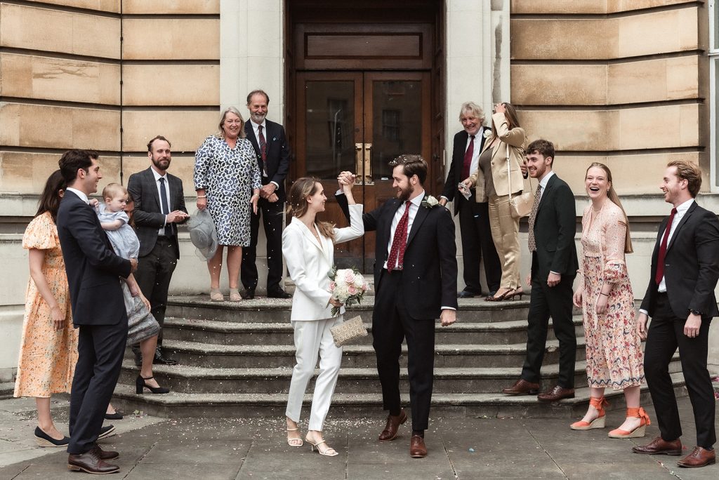 Confetti shot for intimate micro wedding city couple