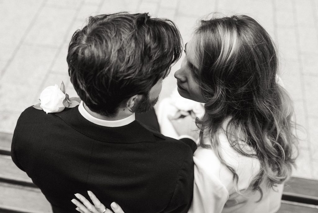 Newlywed bride and groom in chic relaxed city wedding