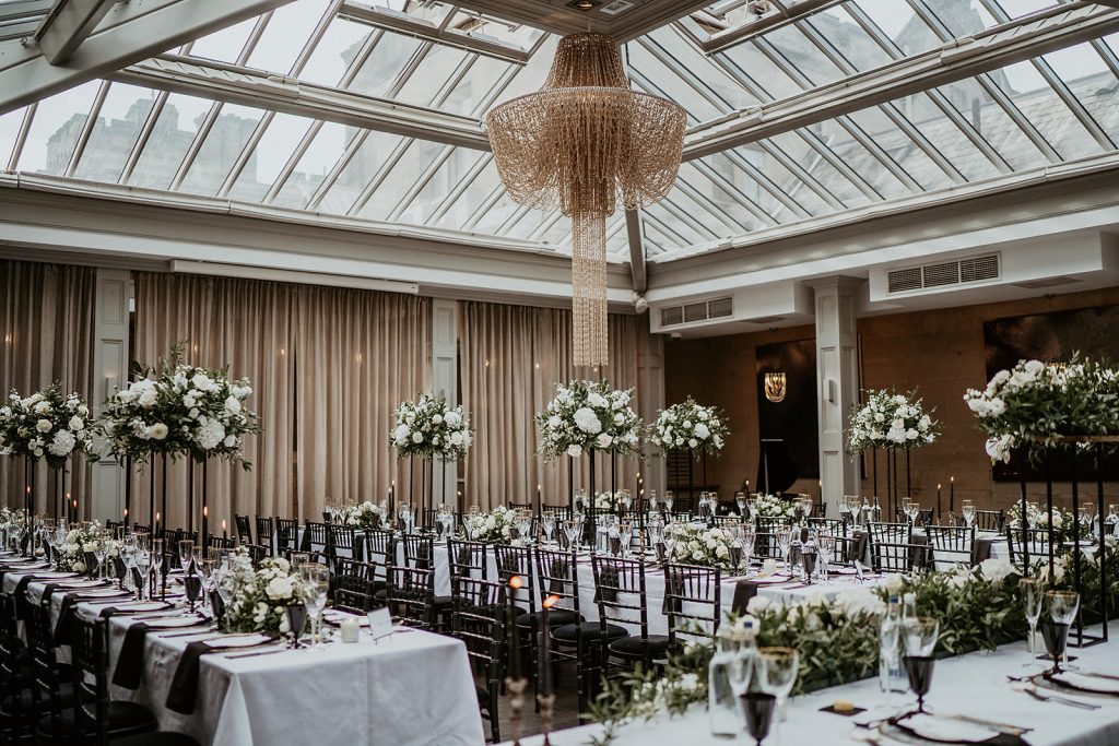 Black and white contemporary wedding table styling for young, modern wedding couple