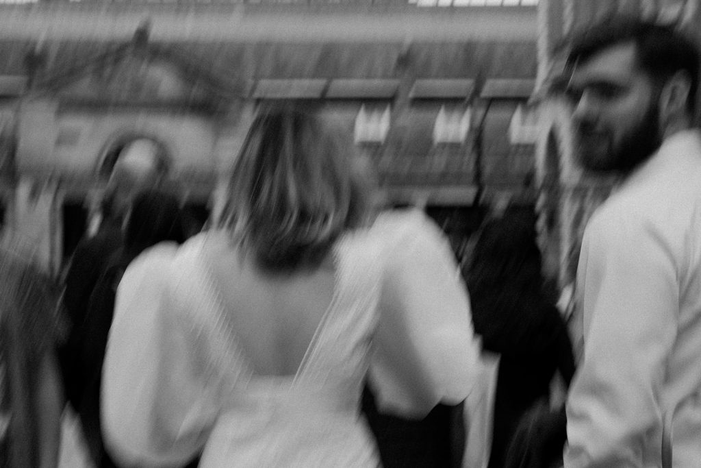 Wedding portrait in black and white of newly married bride and groom