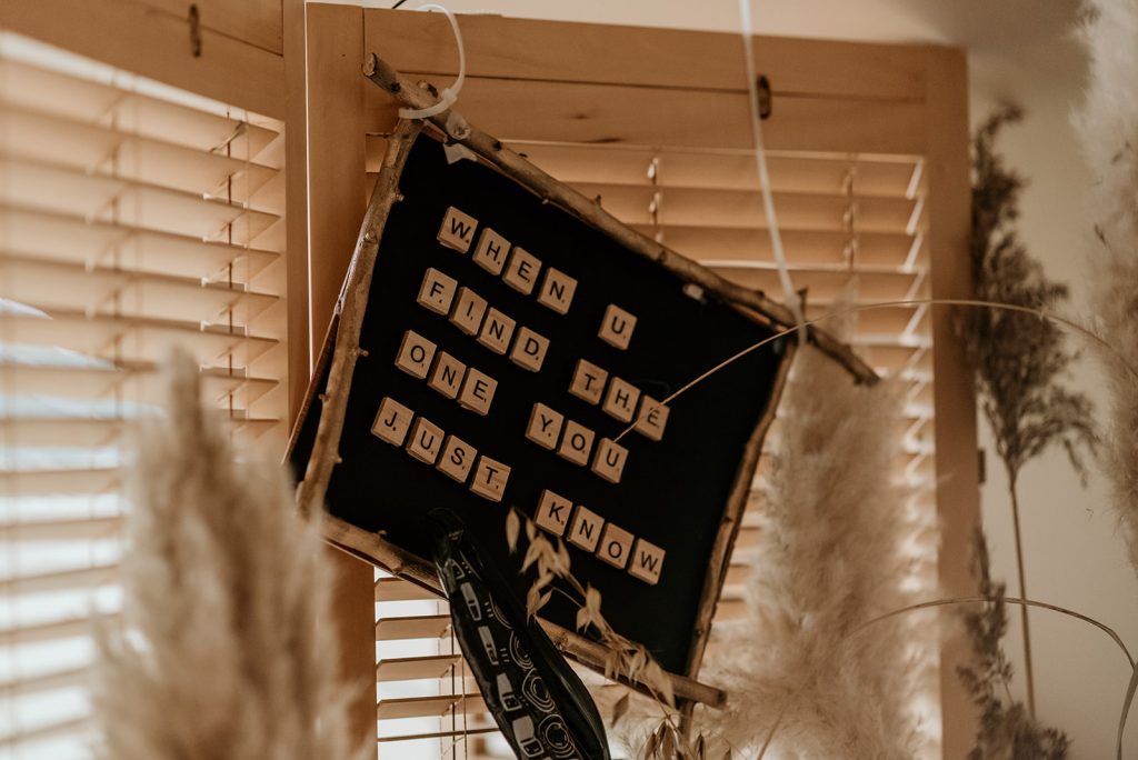 Scrabble piece DIY wedding quote sign for modern boho wedding couple
