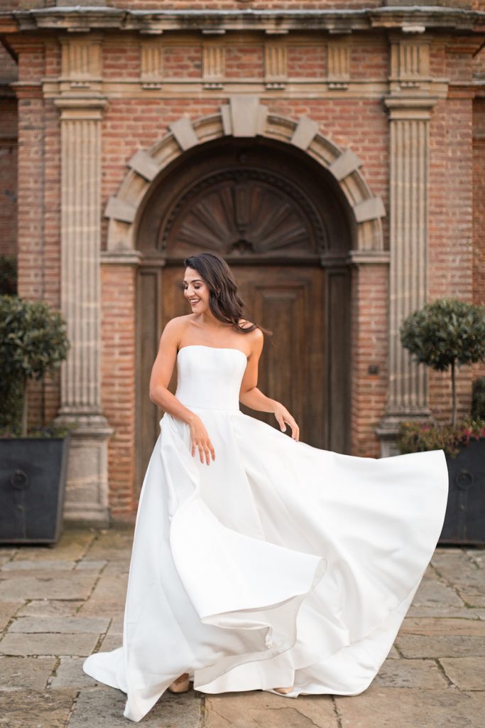 Dusk wedding reception shoot featuring all white styling and couture gowns