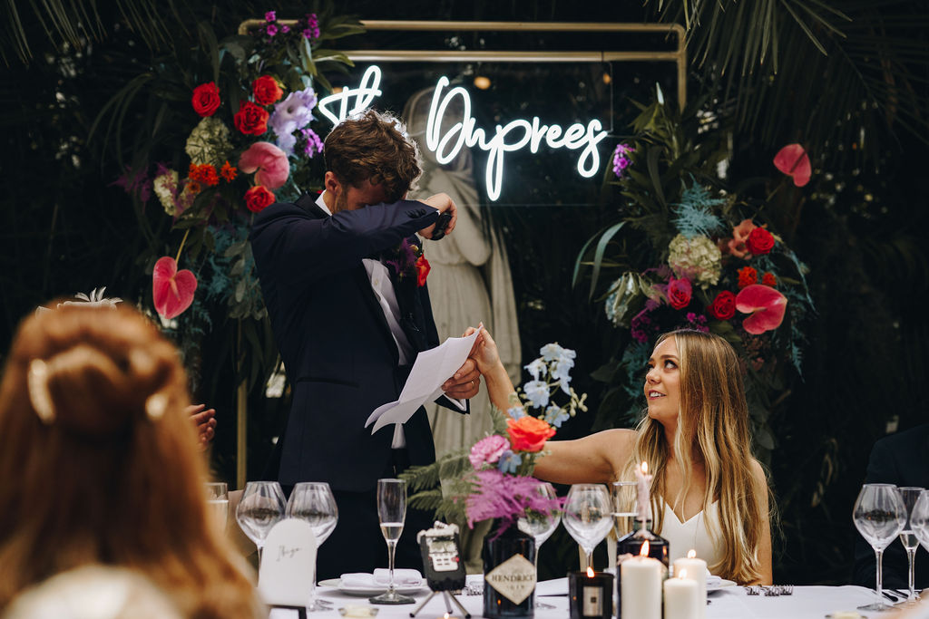 Emotional speeches during a wedding breakfast, captured beautifully by Winnington + Coe