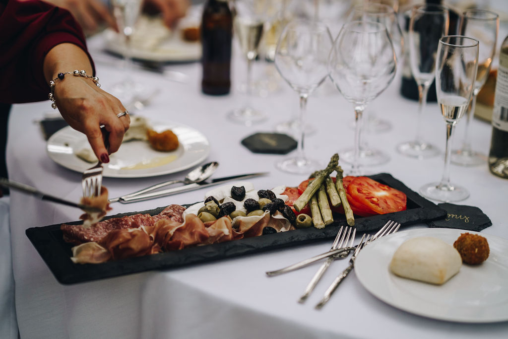 Wedding grazing board of cured meats, olives and asparagus for Autumn wedding at Sefton Park