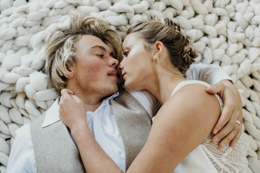 A modern bride and groom on their wedding day