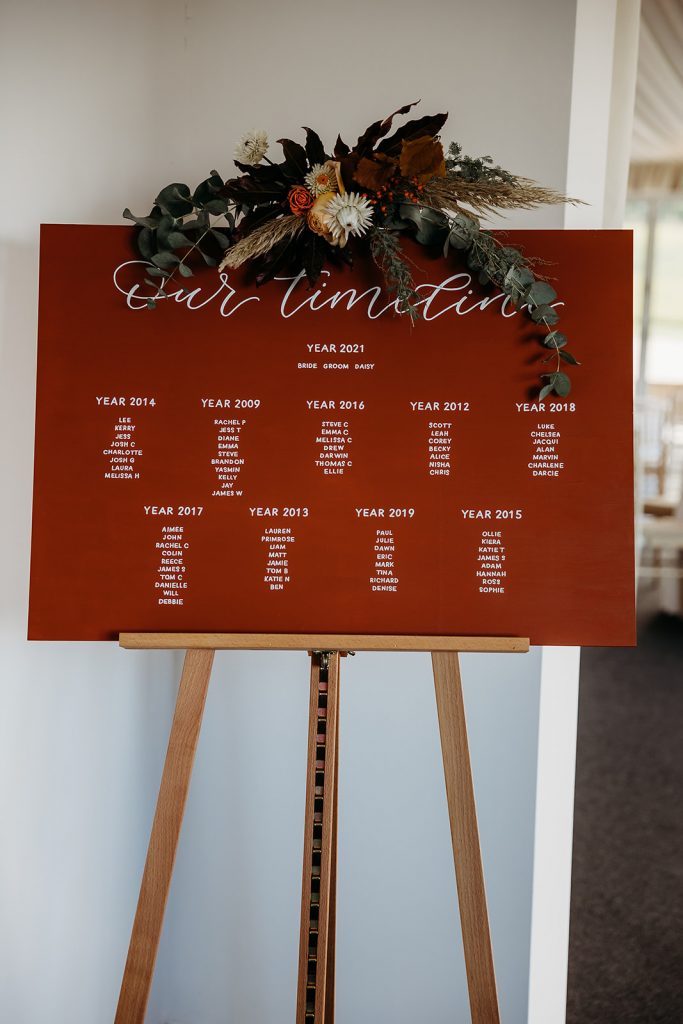 Table plan on easel for Autumn boho wedding with floral decoration