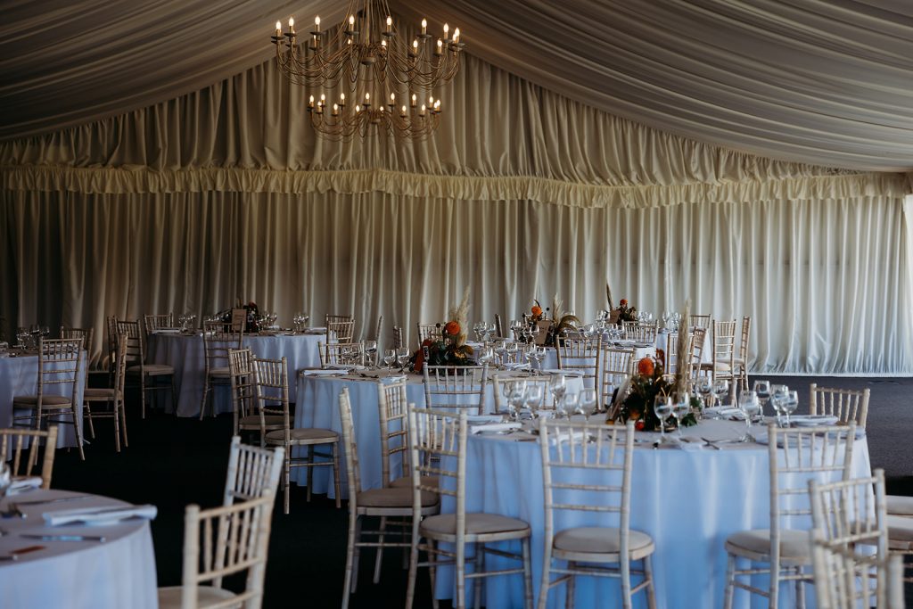 Wedding breakfast set up at Quantock Lakes for Autumn boho wedding