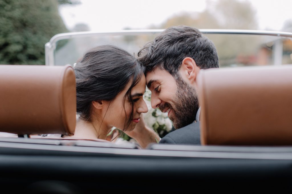 Winter wedding newlyweds soaking in 'Just Married' vibes