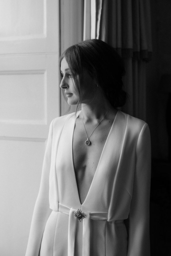 An elegant long sleeve Galvan London dress for city elopement bride Katja