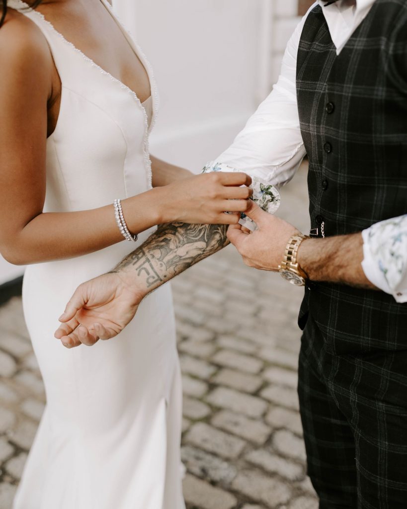 A newlywed bride and groom enjoy some quiet alone time to soak in their newlywed status