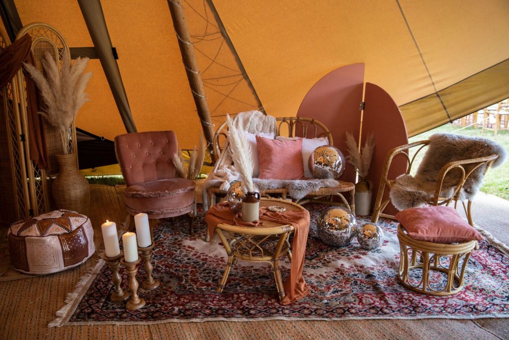 Wedding tipi chill our area with disco balls for a party vibe