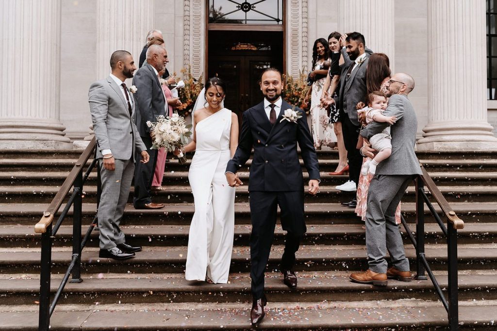 Bridal jumpsuit for chic, stylish intimate city wedding