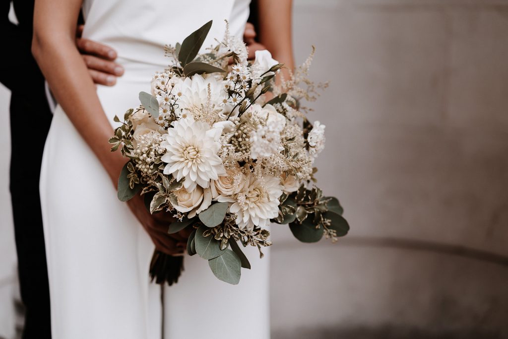 Bridal jumpsuit for chic, stylish intimate city wedding