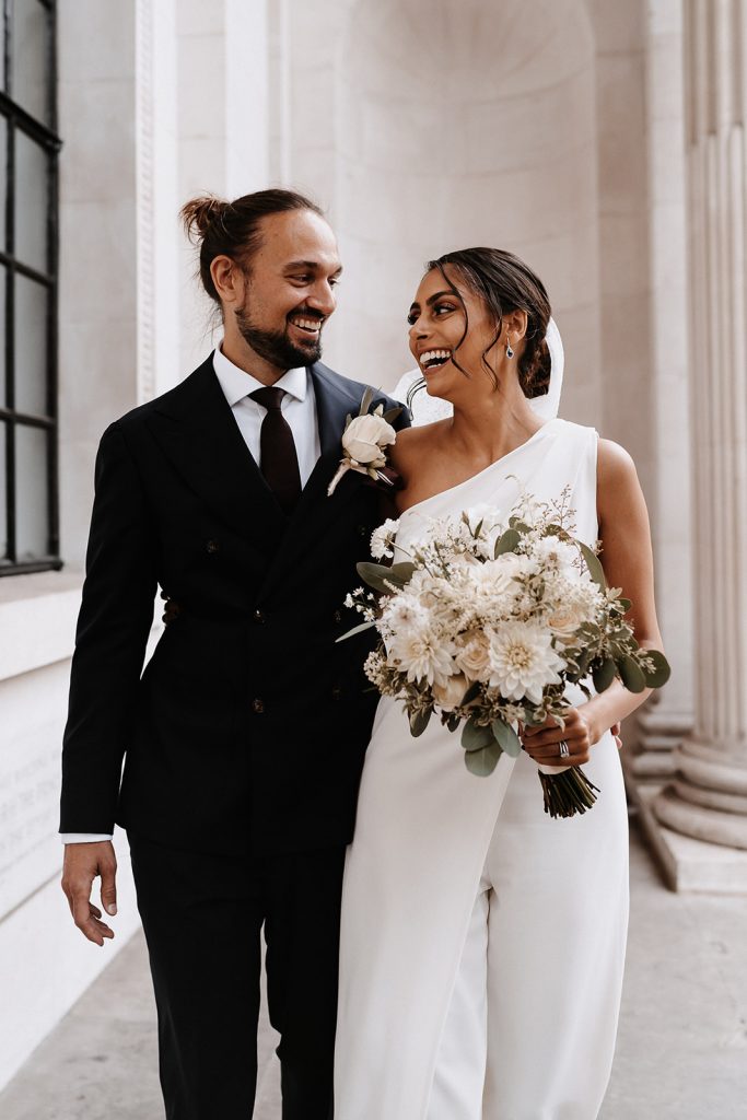 Bridal jumpsuit for chic, stylish intimate city wedding