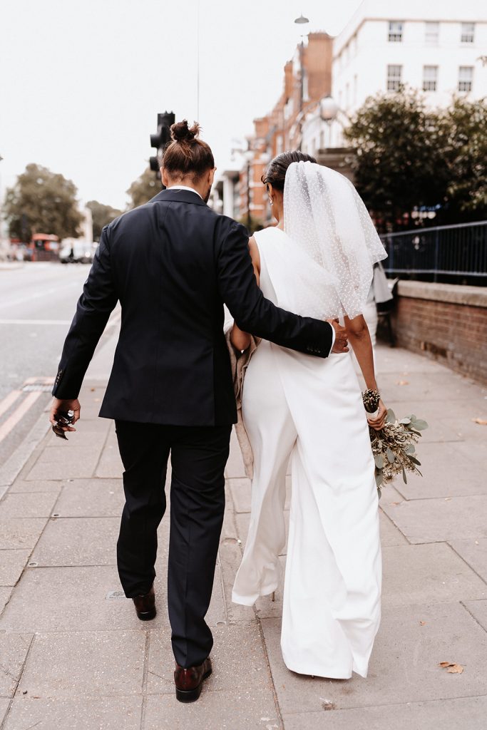 Bridal jumpsuit for chic, stylish intimate city wedding