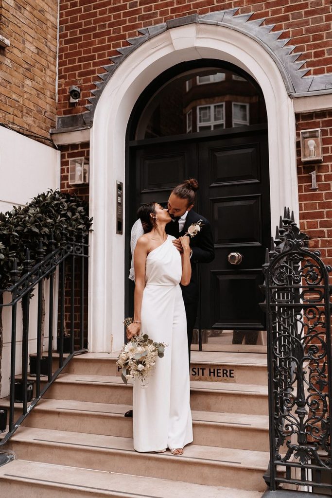 Bridal jumpsuit for chic, stylish intimate city wedding
