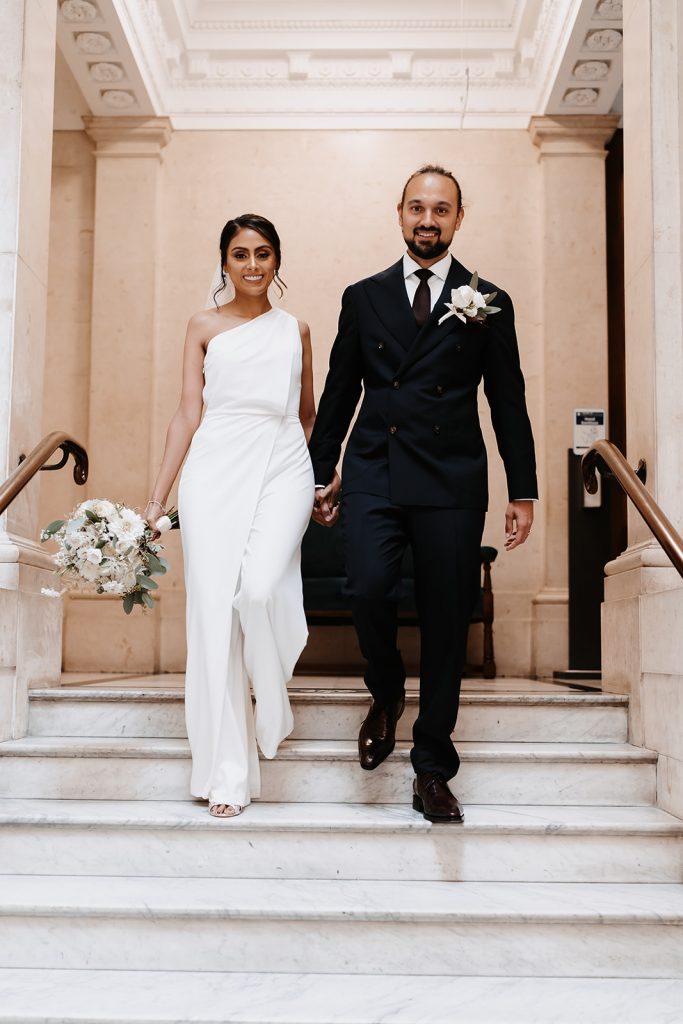 Bridal jumpsuit for chic, stylish intimate city wedding