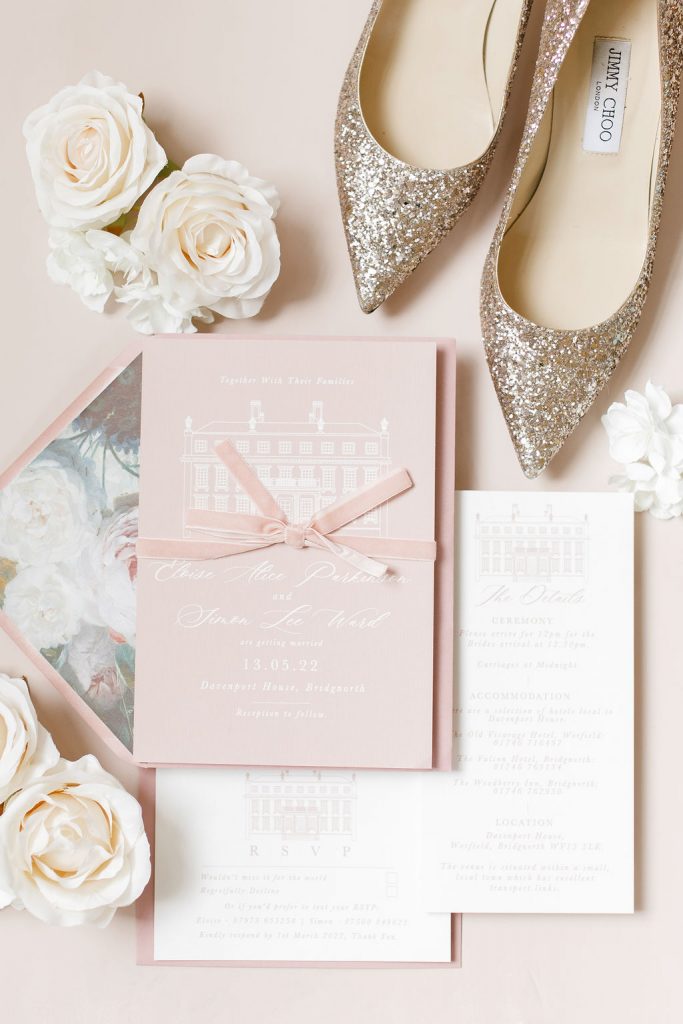 An elegant and romantic pink and gold wedding at Davenport House with two Milla Nova dresses