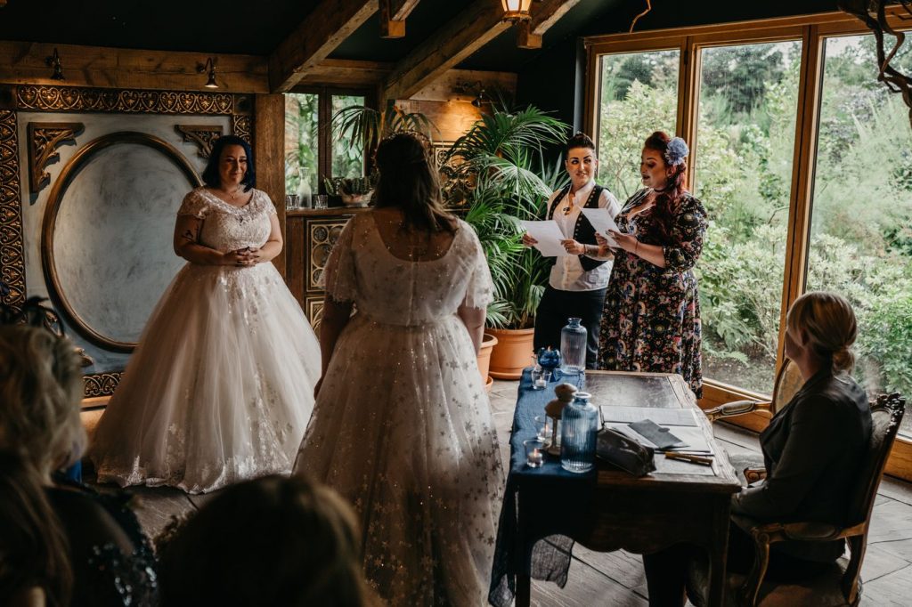 A joyous Queer wedding celebration at Newton Hall for celestial brides captured by David Boynton