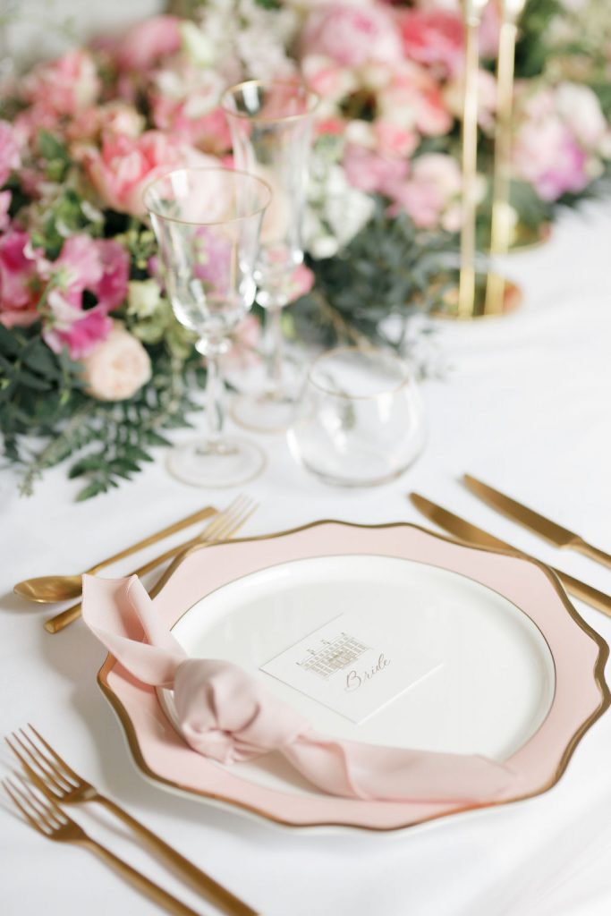 An elegant and romantic pink and gold wedding at Davenport House with two Milla Nova dresses