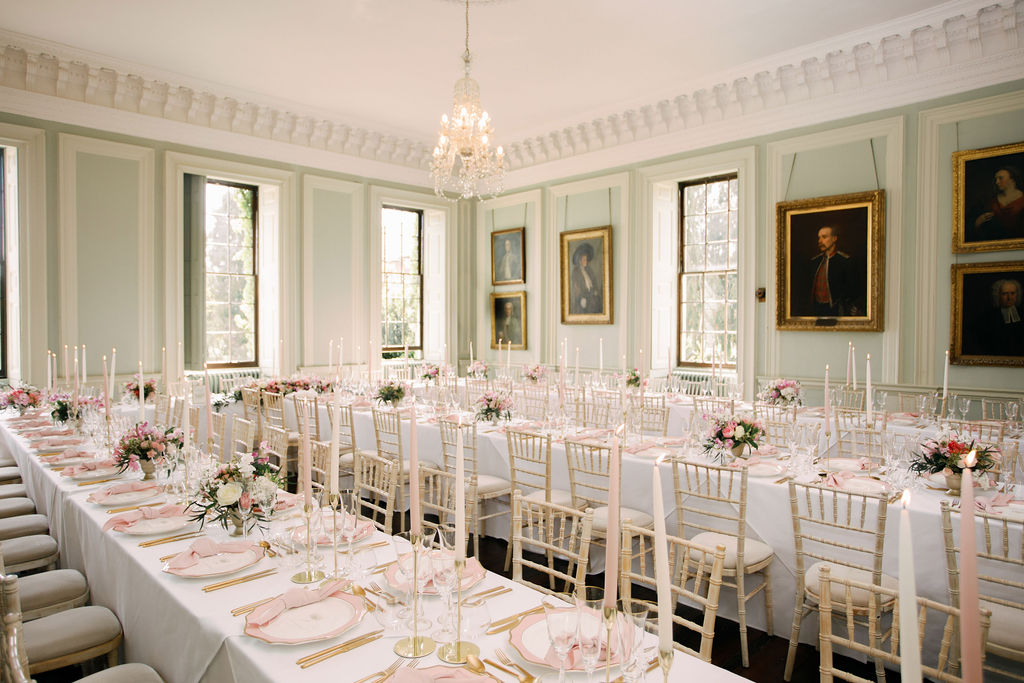 An elegant and romantic pink and gold wedding at Davenport House with two Milla Nova dresses