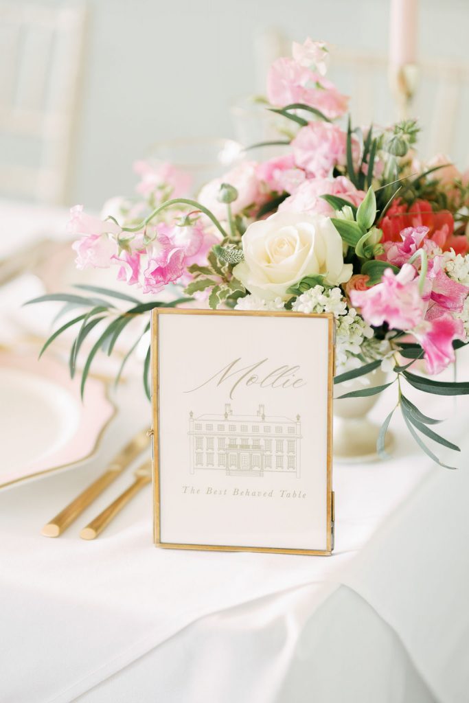 An elegant and romantic pink and gold wedding at Davenport House with two Milla Nova dresses