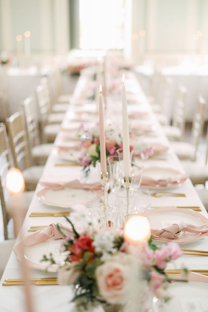 An elegant and romantic pink and gold wedding at Davenport House with two Milla Nova dresses