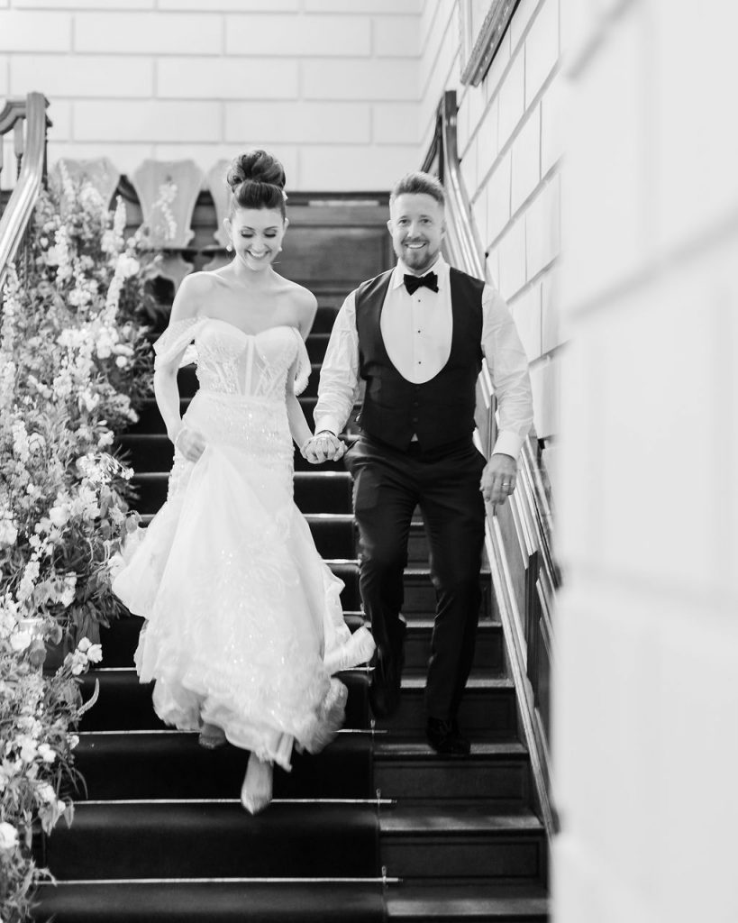 An elegant and romantic pink and gold wedding at Davenport House with two Milla Nova dresses