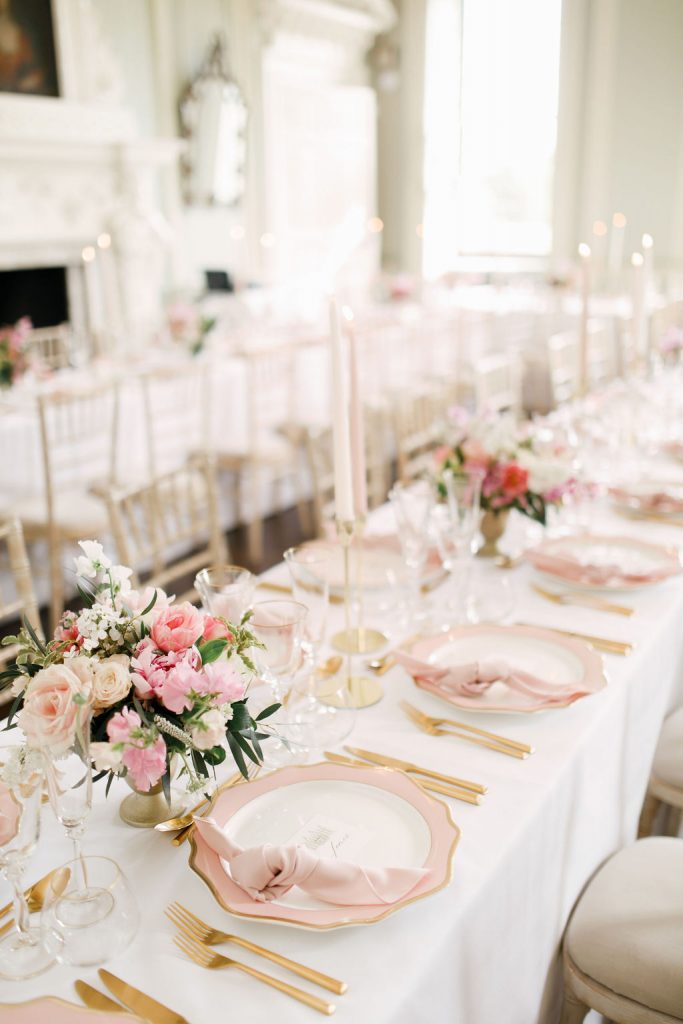 An elegant and romantic pink and gold wedding at Davenport House with two Milla Nova dresses