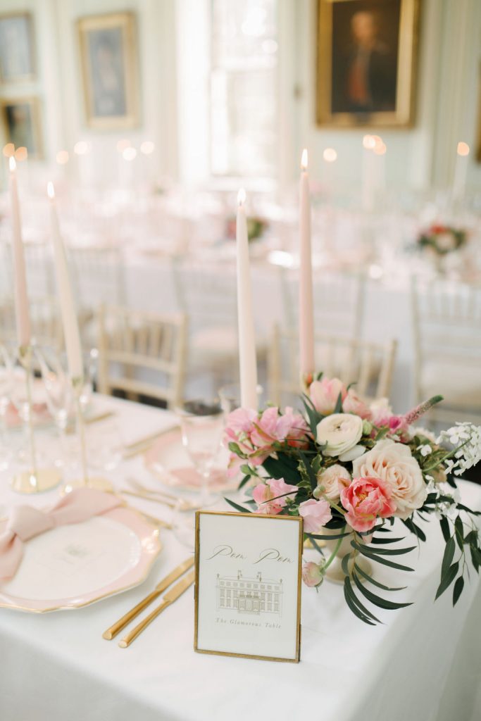 An elegant and romantic pink and gold wedding at Davenport House with two Milla Nova dresses