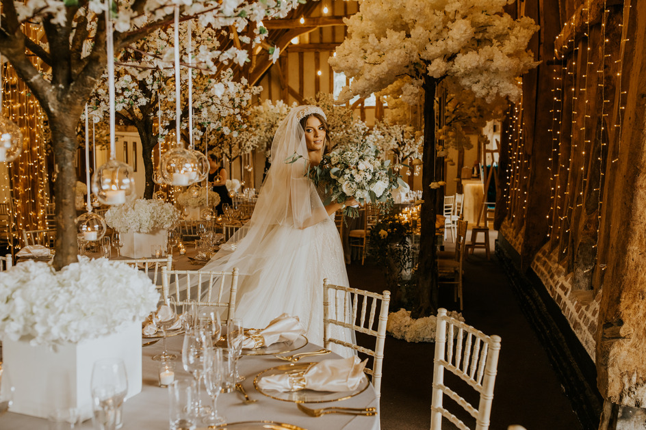 An evening outfit change for an elegant Autumnal bride at Blake Hall
