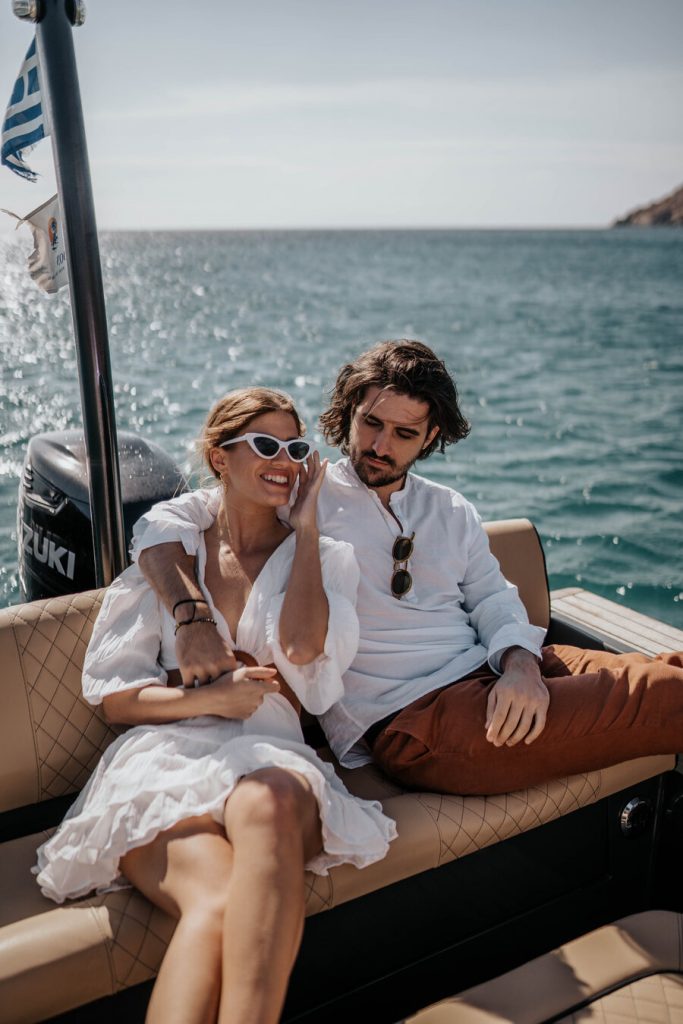 A romantic boat trip during a multi-day Mykonos wedding