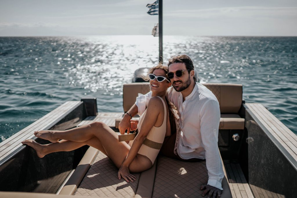 A romantic boat trip during a multi-day Mykonos wedding
