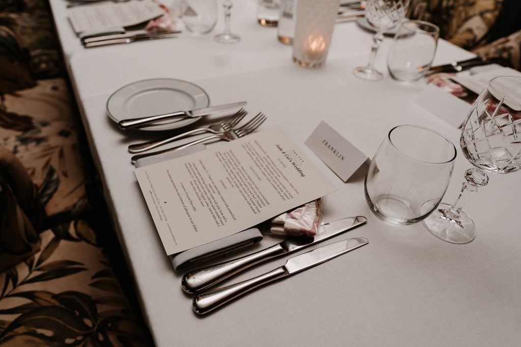 Menu details for Jade + Callum's intimate city wedding at The Ivy Tower Bridge