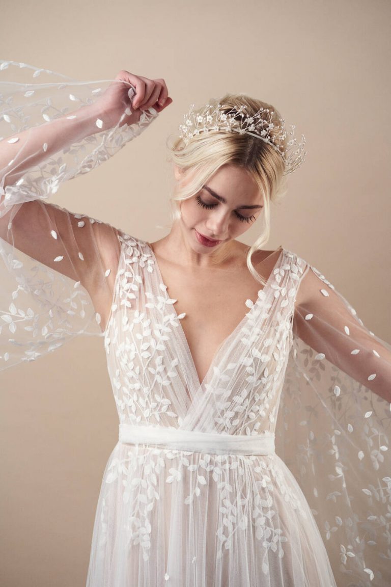 A handcrafted wedding day headpiece