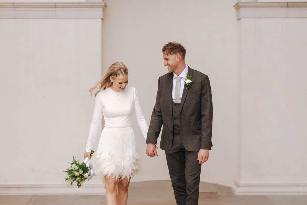 Nadine Merabi skirt for an intimate urban wedding