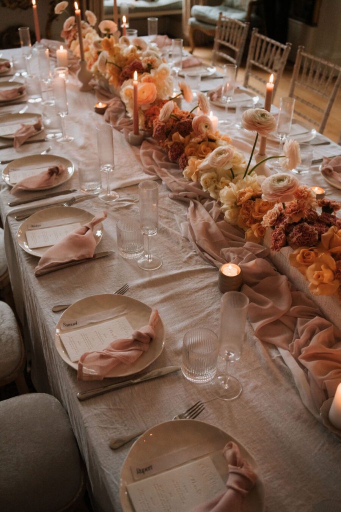 An elegantly styled intimate wedding tablescape at Norwood Park country house wedding venue