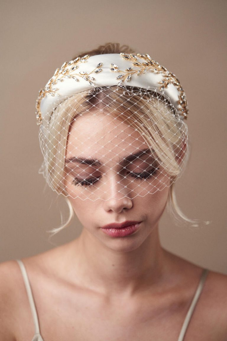 Romantic bride padded gold and ivory headband with birdcage veil
