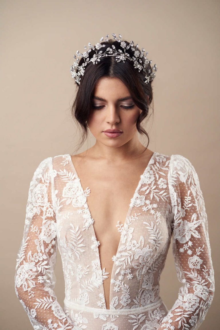 Statement silver crystal wedding crown with flower detail extending over the head by Debbie Carlisle