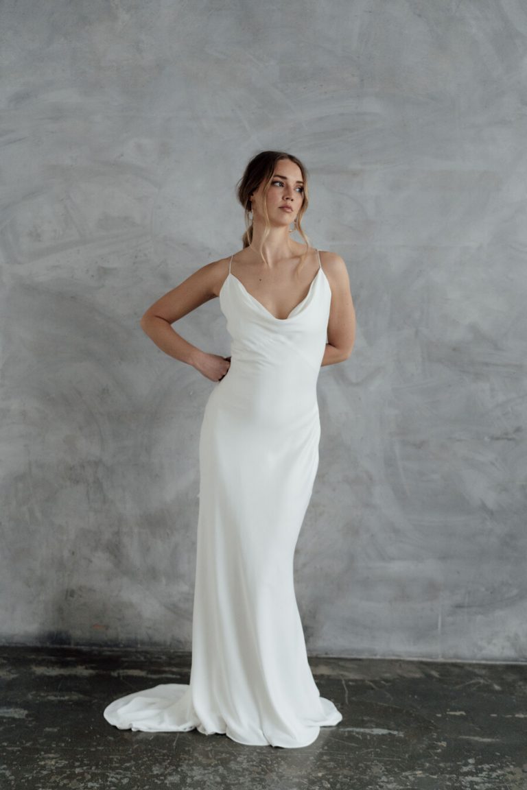 Minimal contemporary ethical bridalwear crafted with vegan eco-friendly, sustainable fabrics.