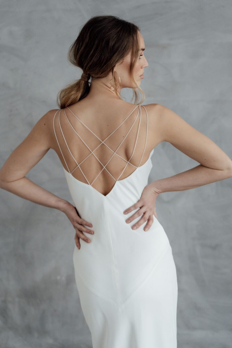 Minimal contemporary ethical bridalwear crafted with vegan eco-friendly, sustainable fabrics.
